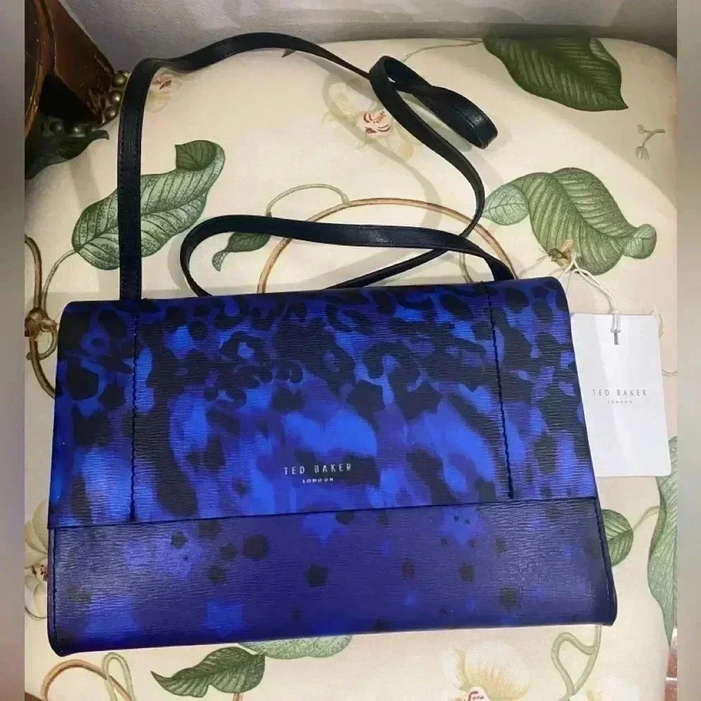 NWT Ted Baker Animal Print Blue Crossbody Bag Purse Handbag Leather